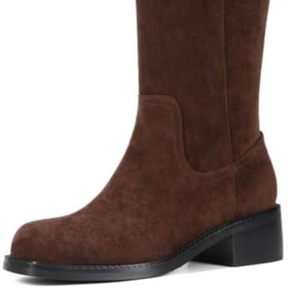 Women Chocolate Knee High Boots Square Toe Boot Low Heel Flat Chunky Comfortable